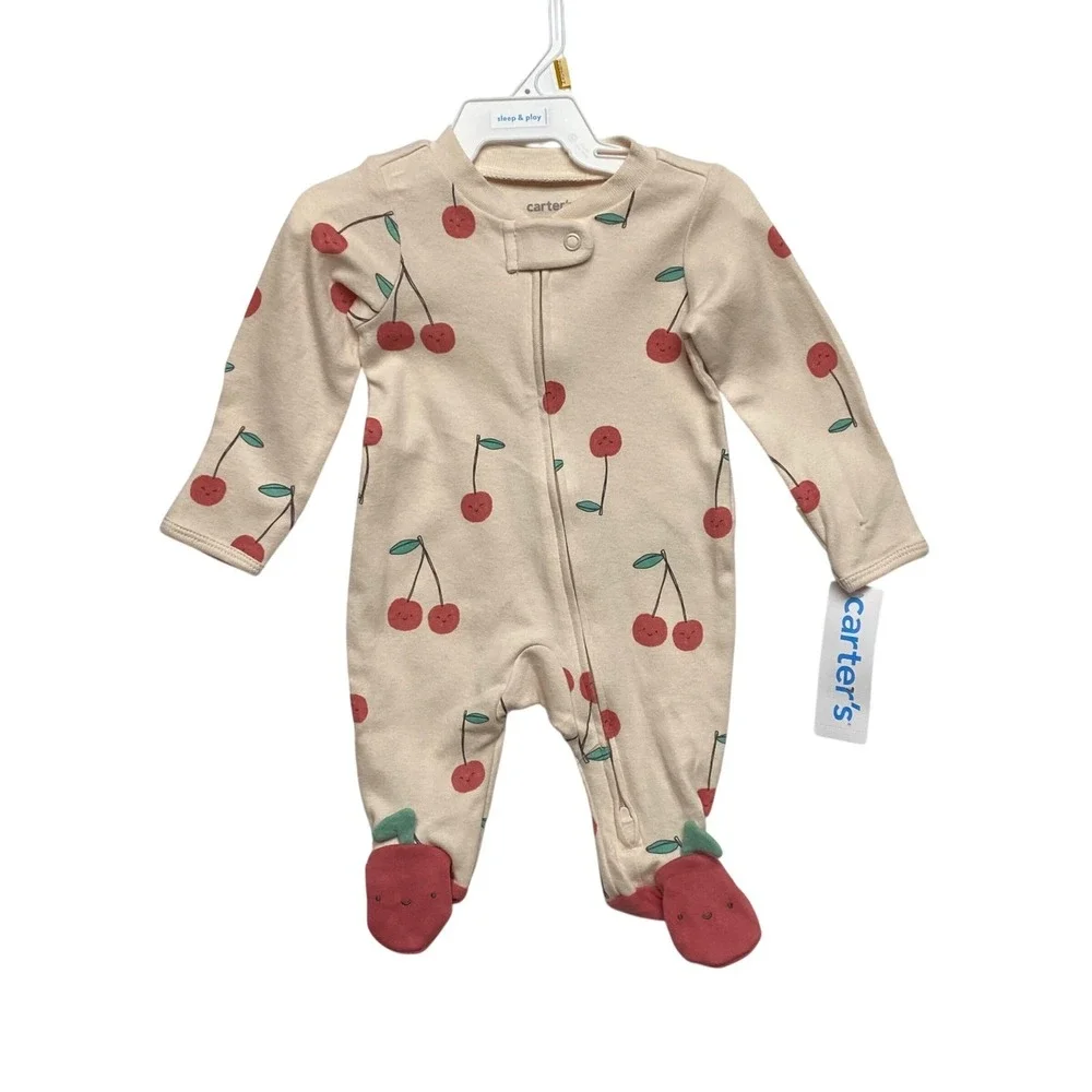 Carters Baby Girls 3M Cherry Print Sleep and Play 2-Way Zip‎ Footed Romper NWT